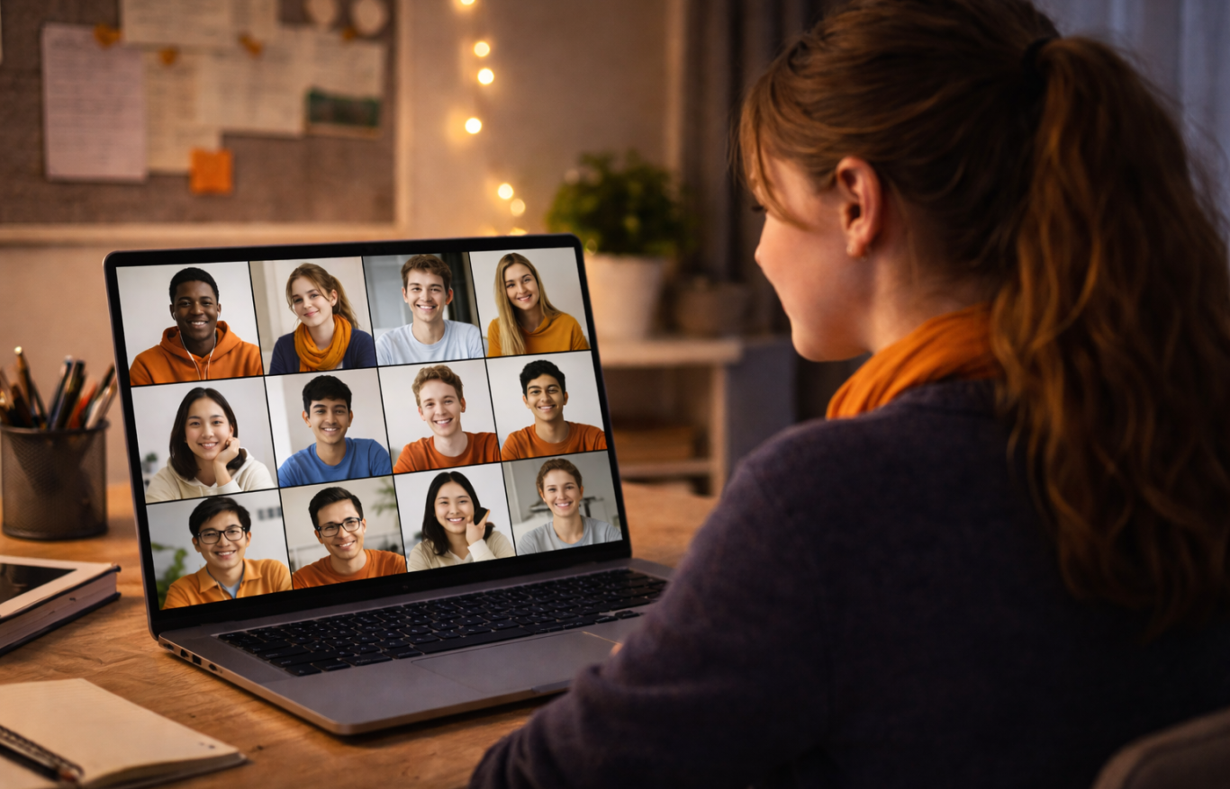 Jugendliche sitzt am Schreibtisch vor einem Laptop und nimmt an einem Online-Workshop mit mehreren jungen Teilnehmenden teil.